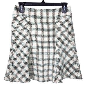 LOFT Plaid Flared Trumpet Skirt Ivory Teal Brown Petite Size 4P